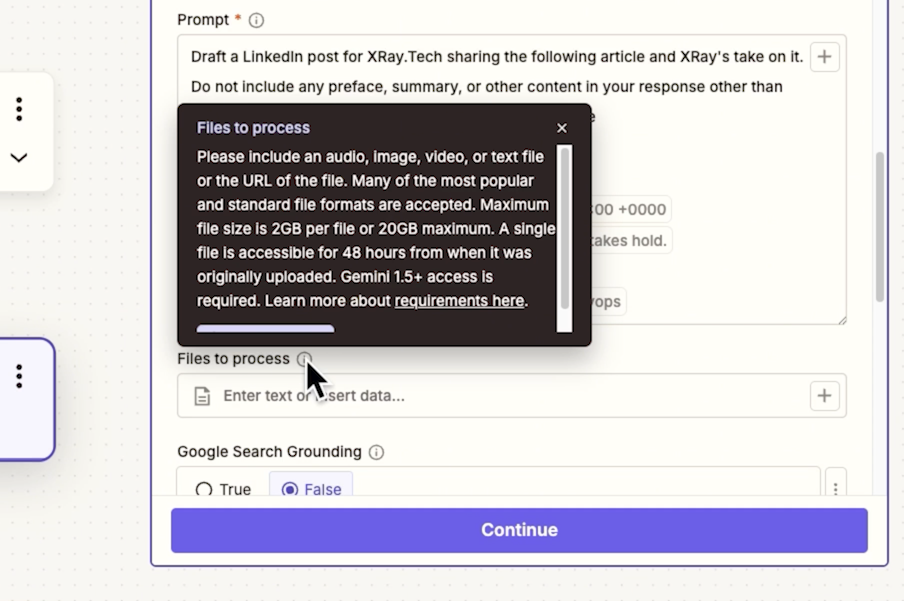 A helpful tooltip in Zapier