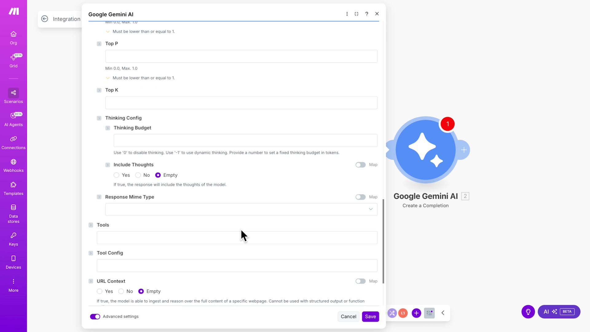 Some of the advanced settings for Gemini AI in Make