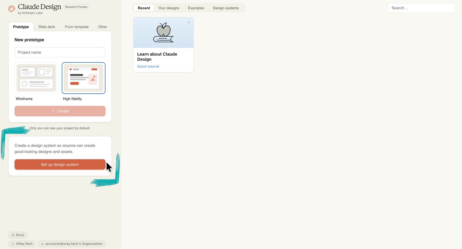 Click on "Set up design system" to start creating a design system in Claude