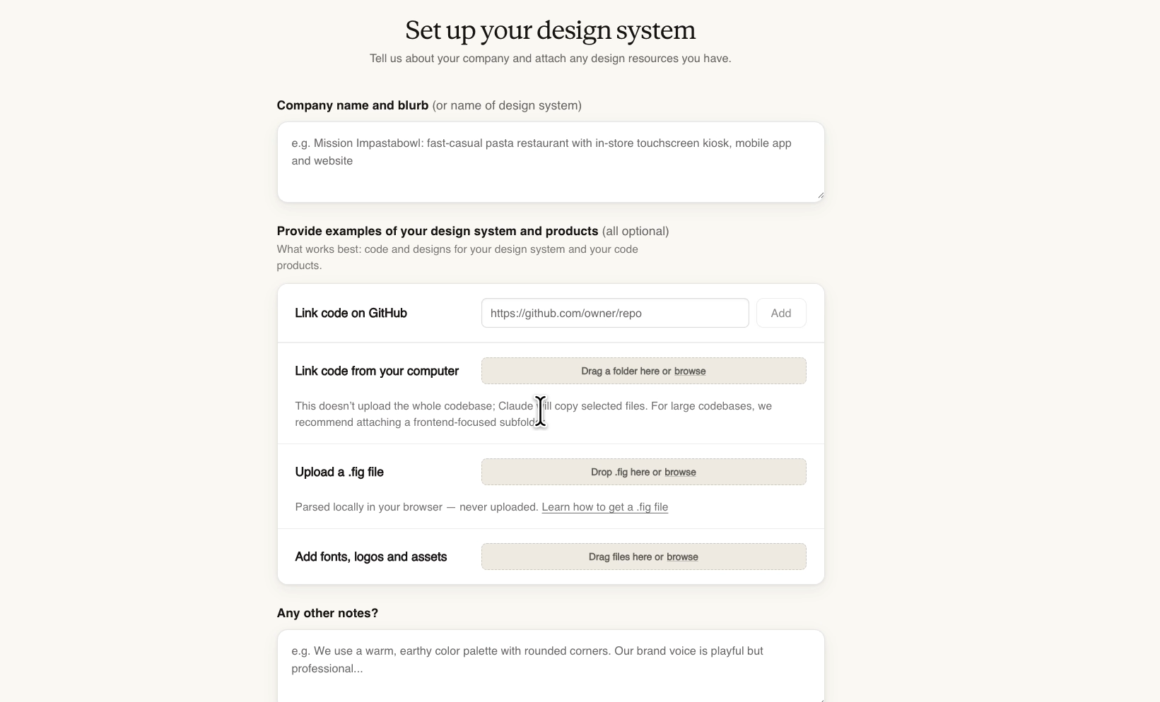 The Claude Design system setup page, with options for a company description, codebase, design files, and general uploads