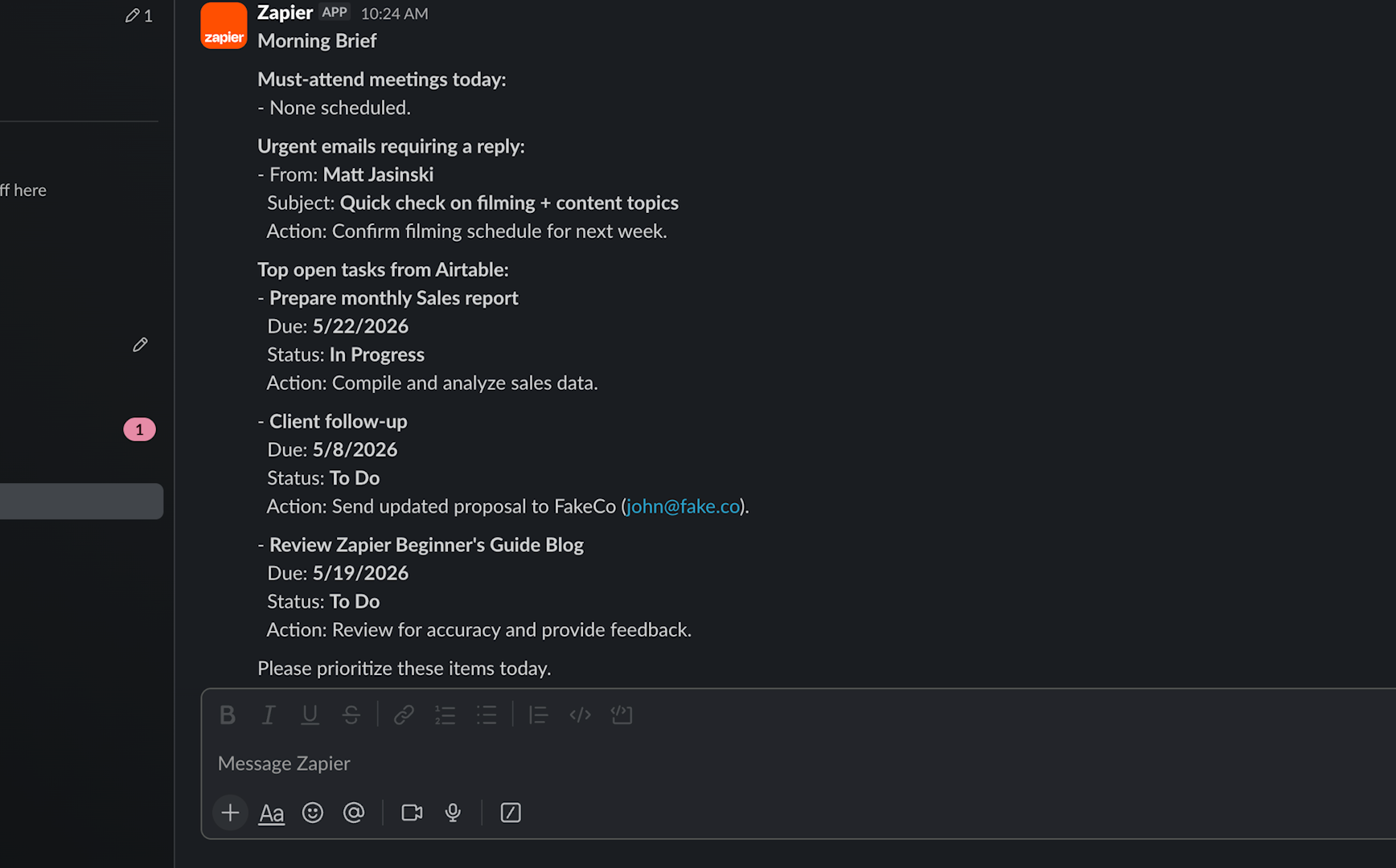 A morning brief sent in Slack via Zapier SDK