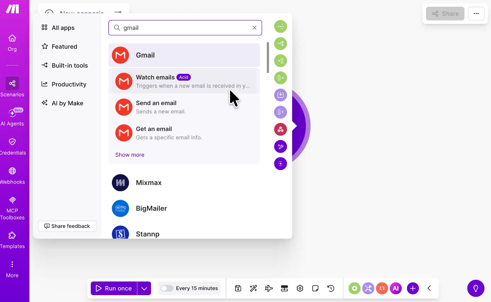 A search window in the Make scenario builder workspace with "gmail" typed in to filter application modules. The cursor is hovering over the "Watch emails" event option.