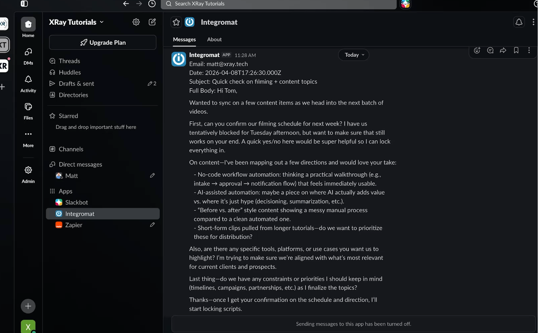 A direct message thread view inside the Slack desktop app application window. The formatted message contains row breaks for email address, timestamp, subject, and text paragraphs pushed via the automation link.