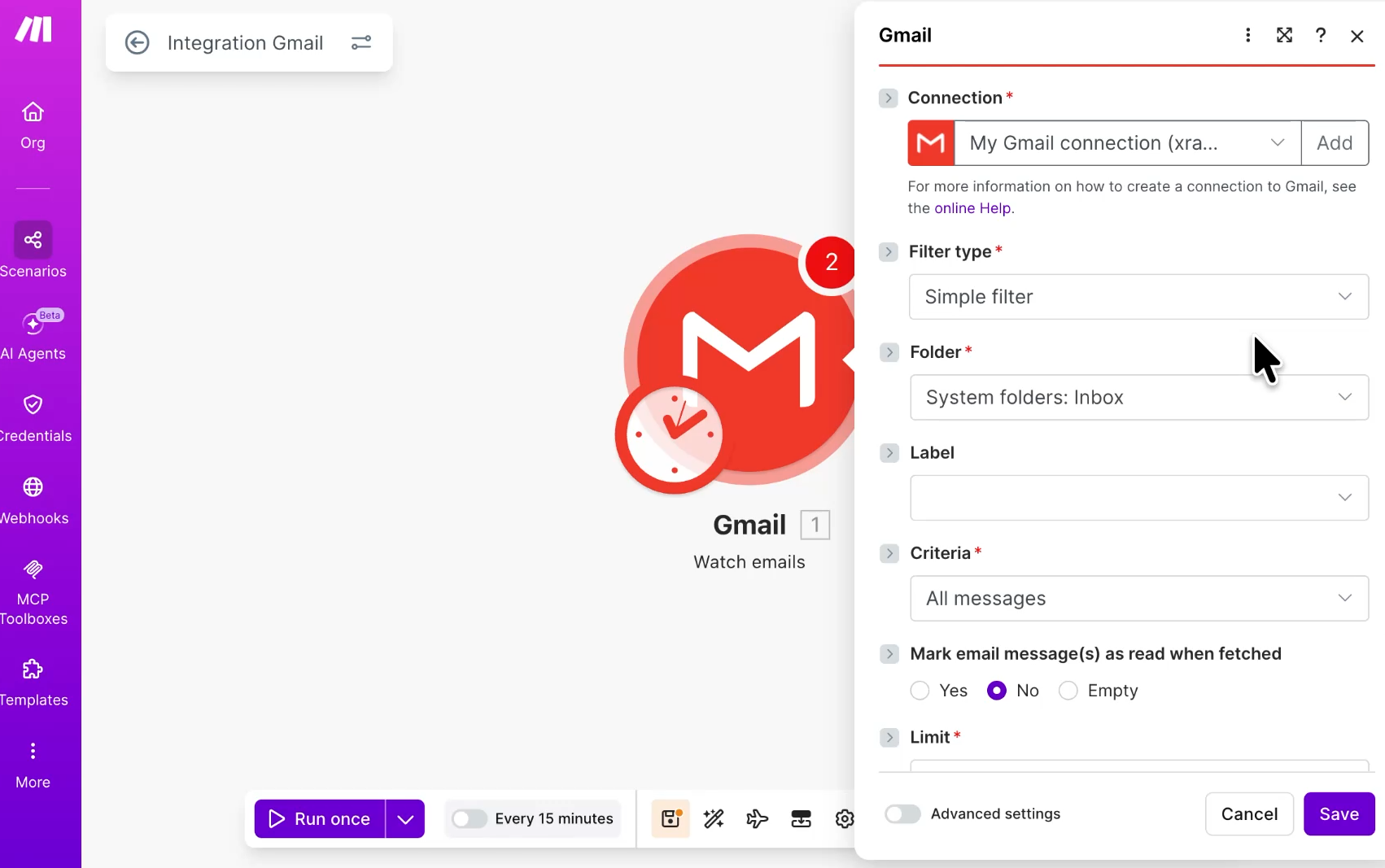 The workspace properties panel for the Gmail "Watch emails" trigger module in Make. It shows configuration drop-downs for account connection, simple filters, and the target inbox folder.
