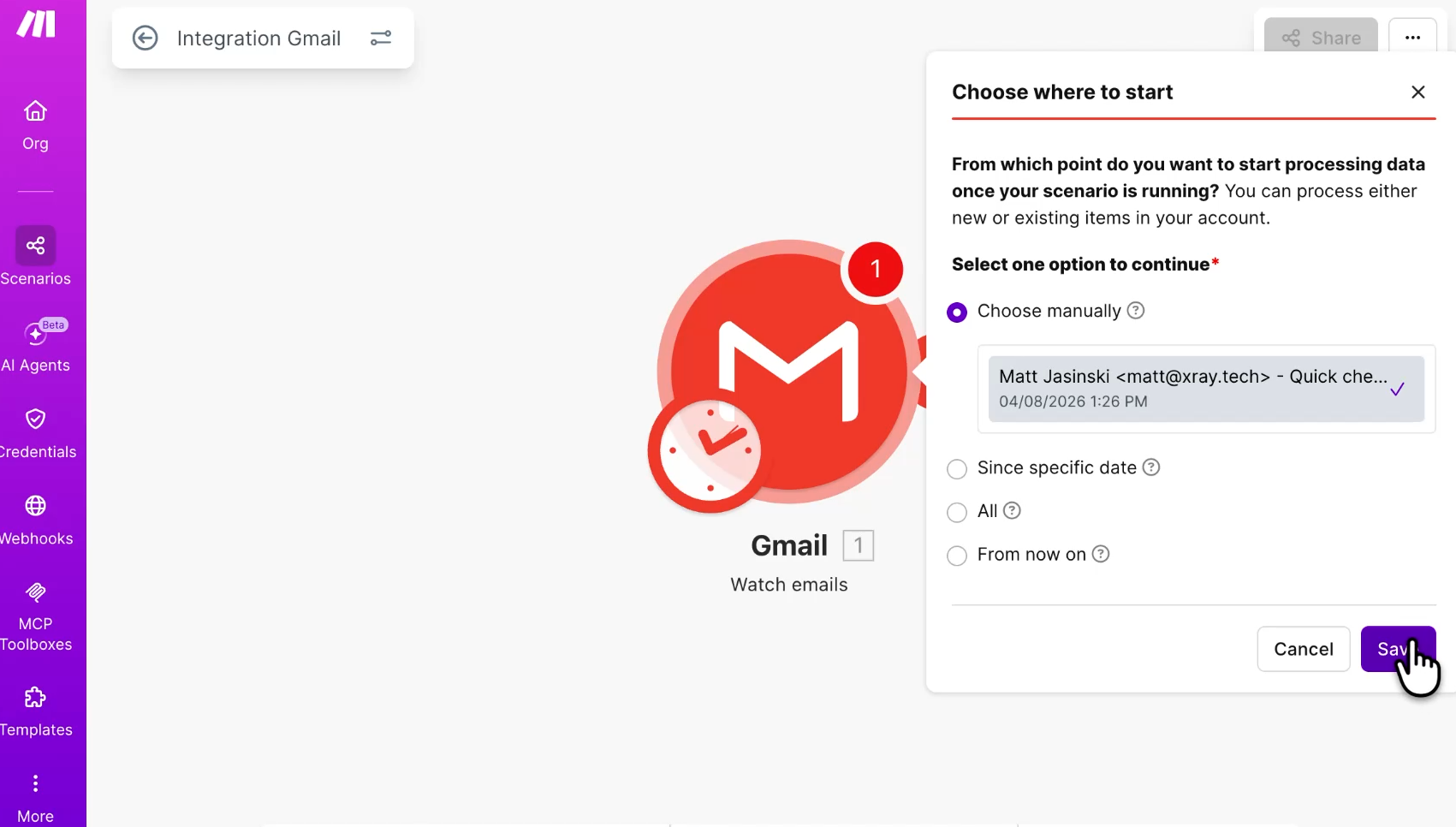 A dialog box titled "Choose where to start" with the "Choose manually" configuration option selected. The cursor clicks the purple "Save" button below a list of test emails.