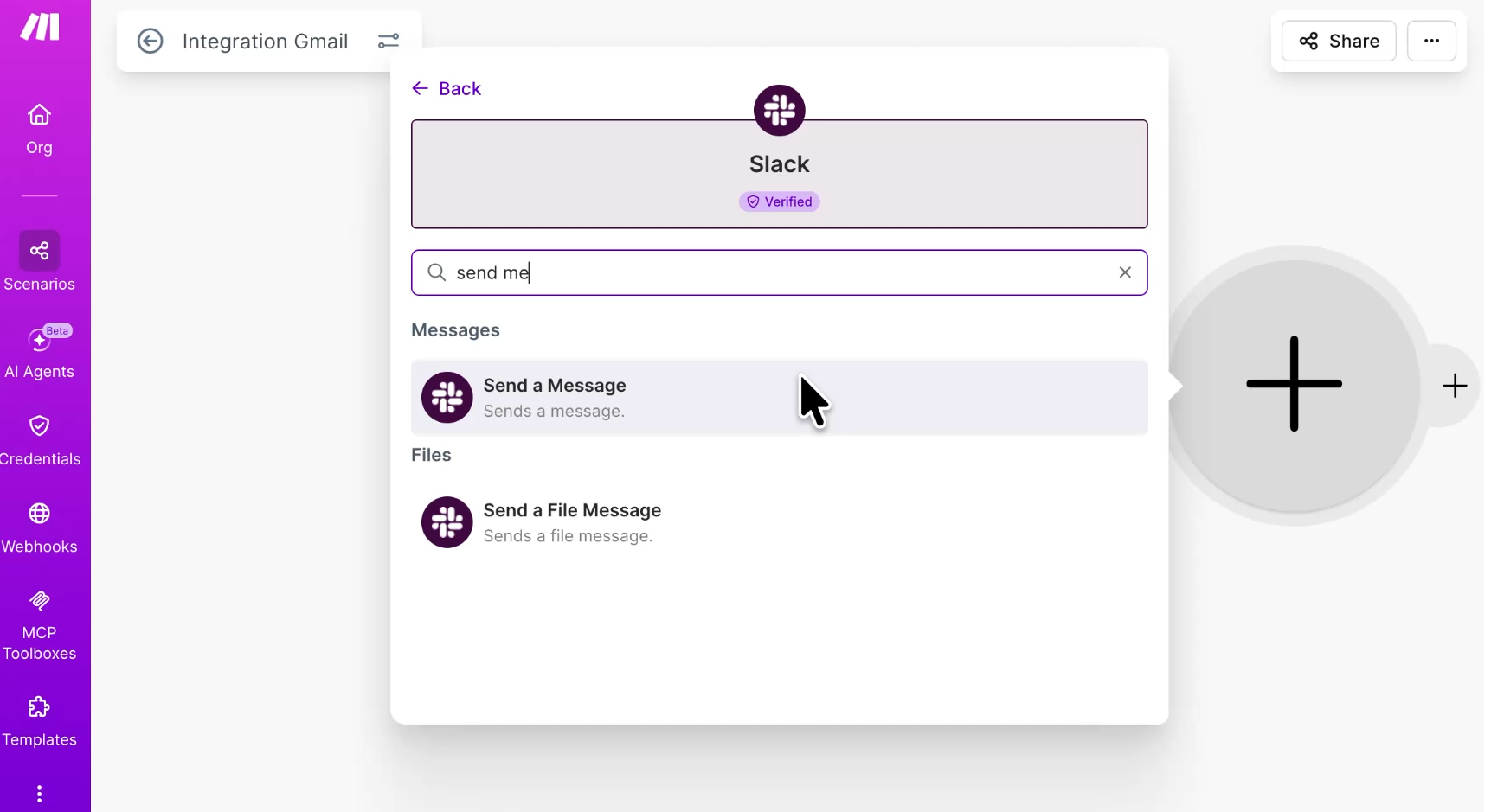 An integration search menu within Make filtering for verified Slack modules using the phrase "send me". The cursor is positioned over the menu result labeled "Send a Message".