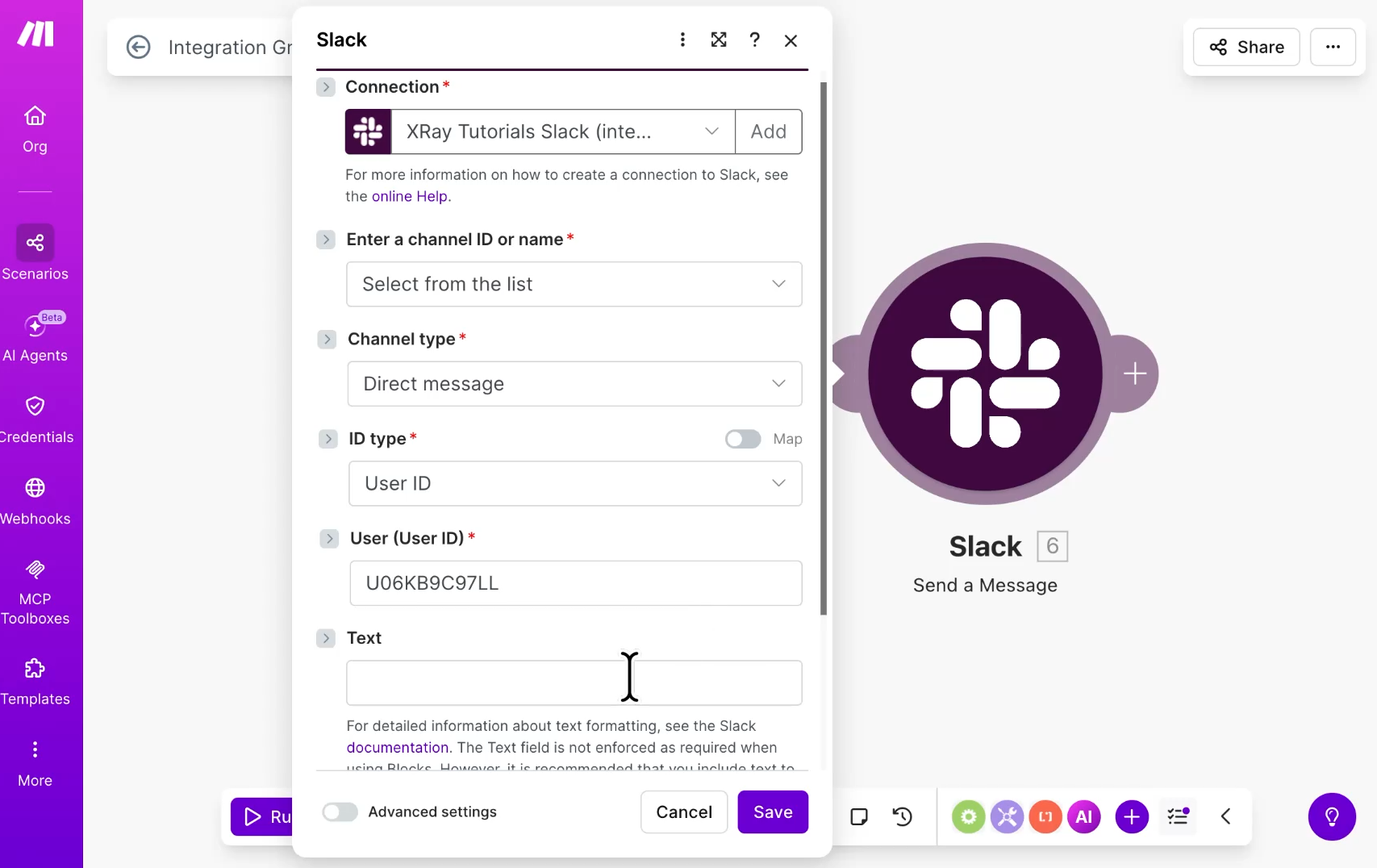 The configuration property settings for a Slack action module in Make. The options show the channel type set to a direct message and a specific Slack User ID pasted into the routing block.
