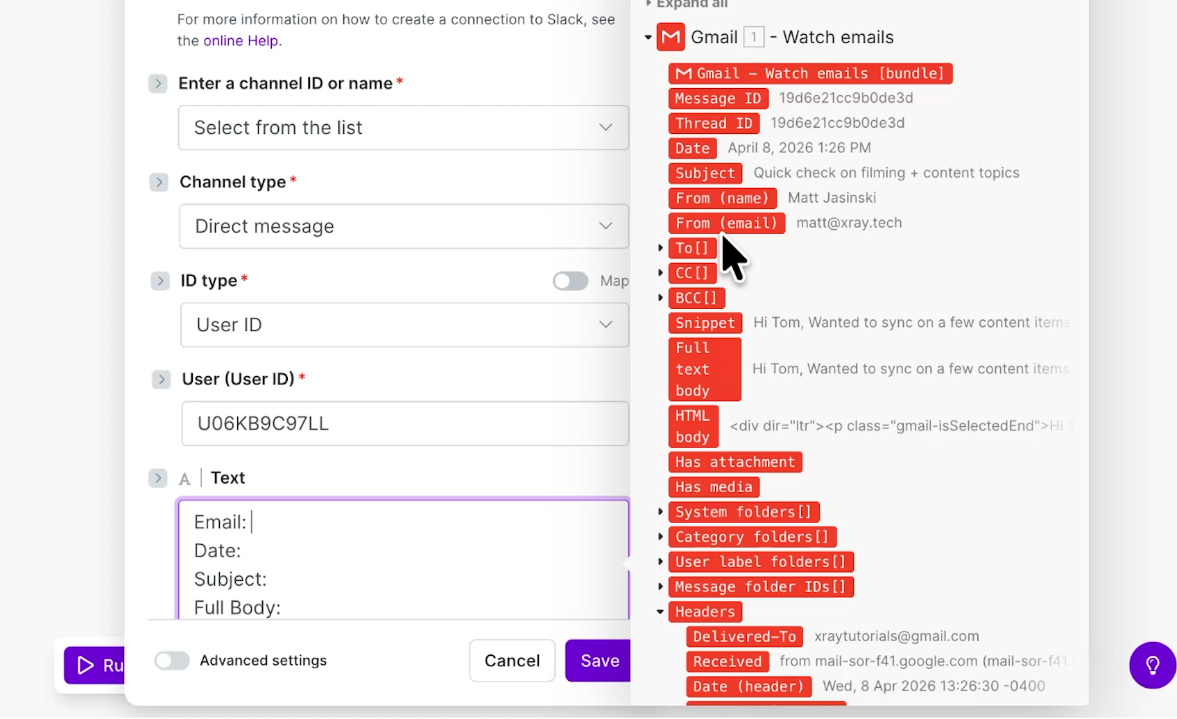 The text layout configuration interface for the Slack message block side-by-side with a panel of available data fields. The dynamic folder variables outputted by the initial Gmail trigger step are listed as selectable red pills.