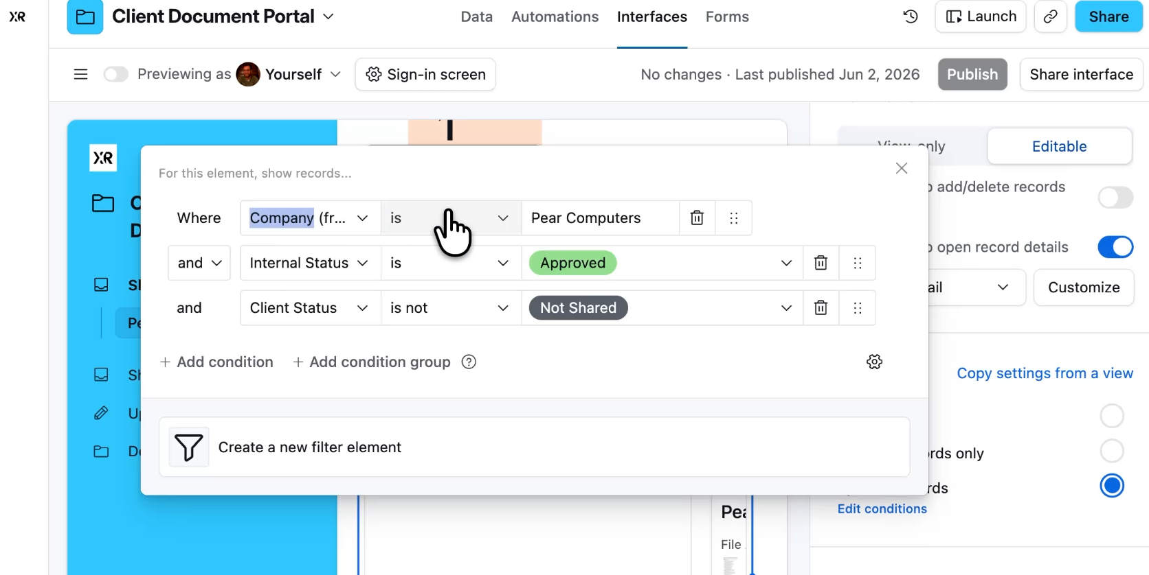 A static filter in Airtable that checks for a specific company name