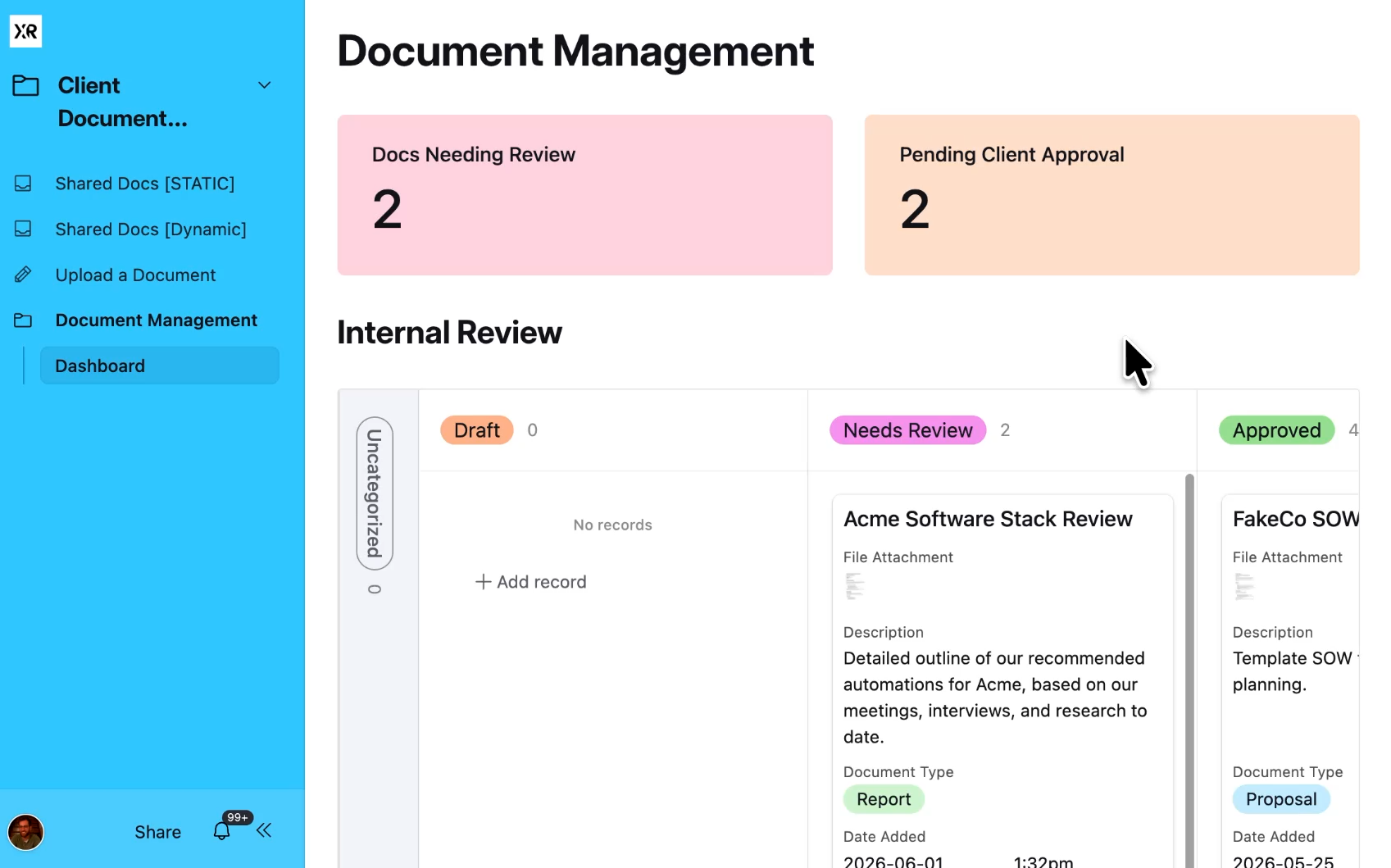 An internal document dashboard in Airtable