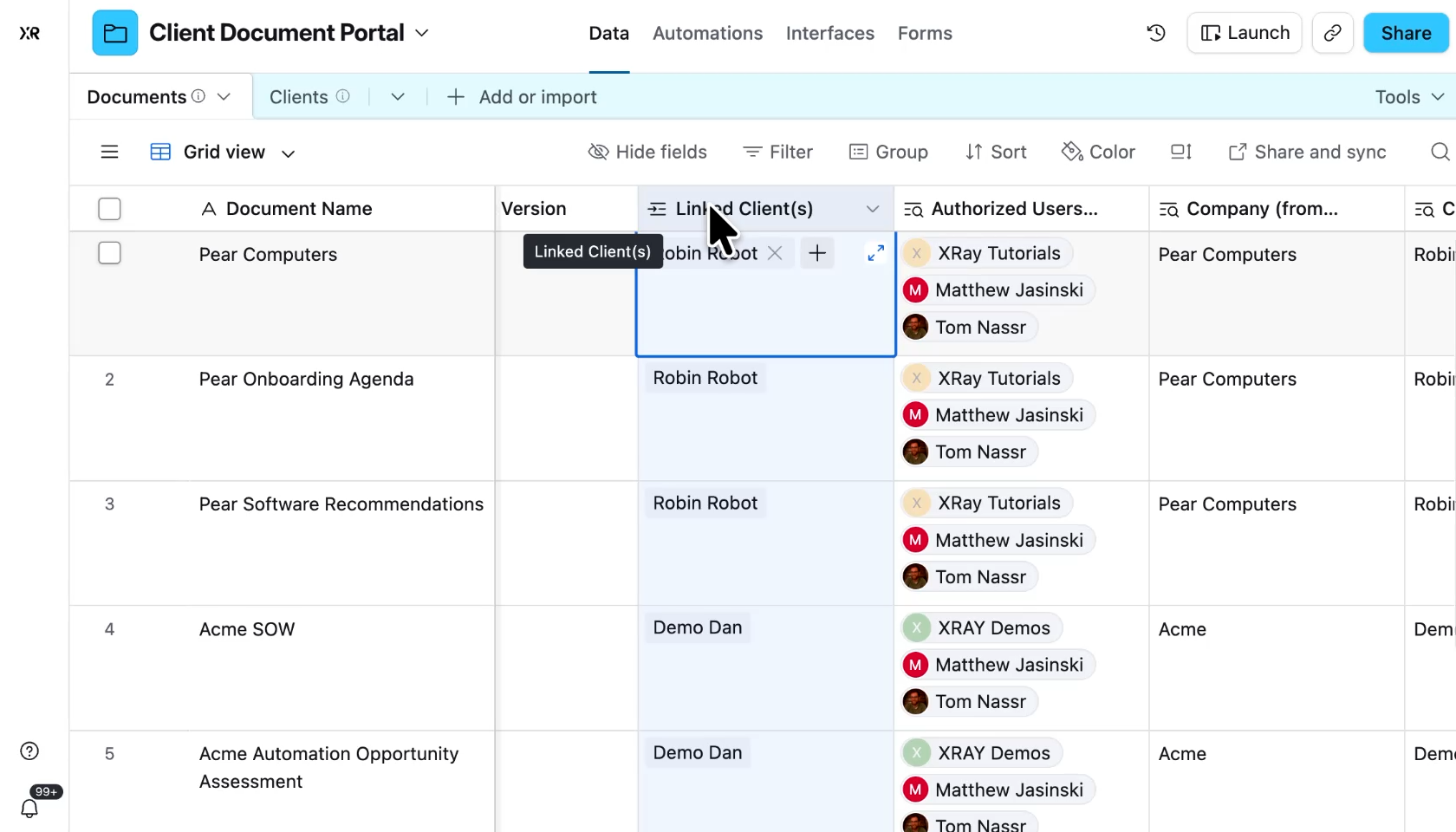 Each document is linked to a client, which contains a field listing all authorized users who can see their documents
