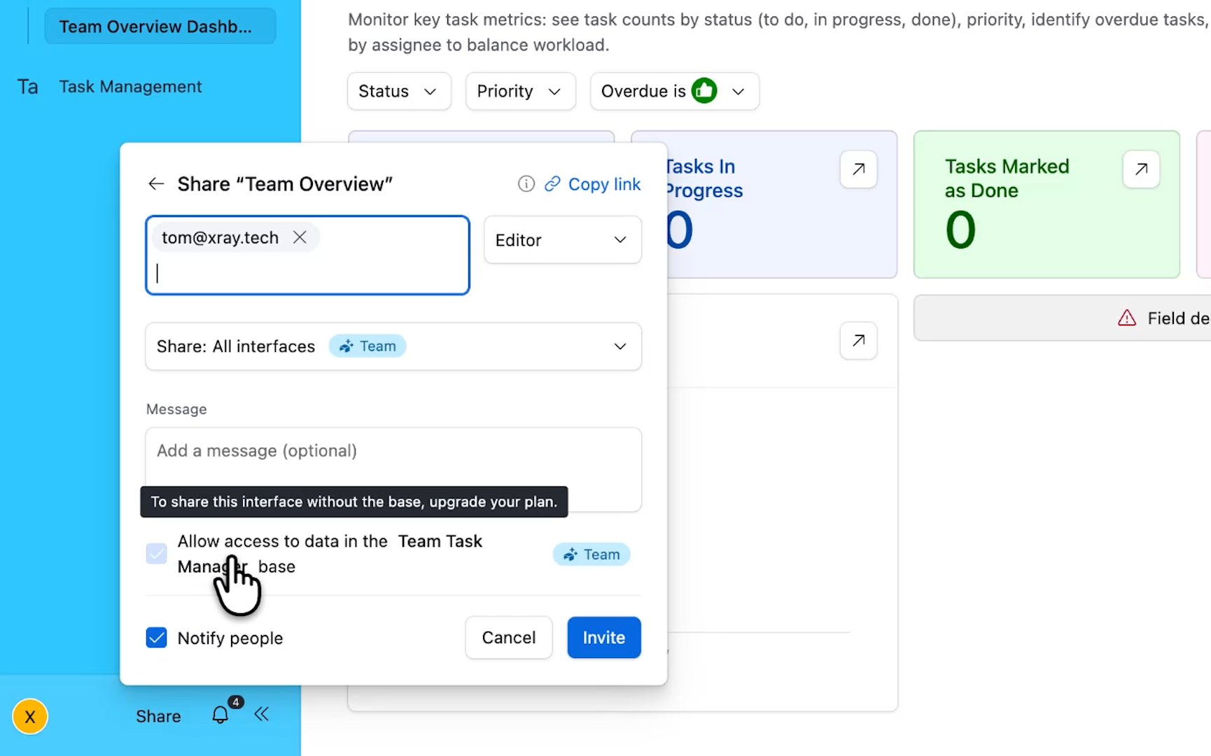 Airtable's free plan requires you to share databases along with interfaces