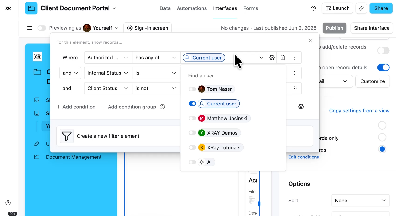 A dynamic Airtable filter that checks for the currently signed-in user