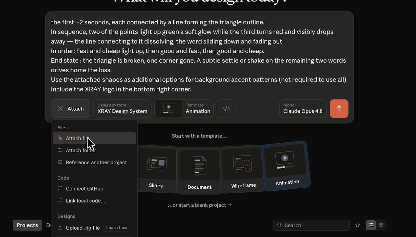 Claude Design attach menu open, showing options to attach files or folders, connect GitHub, link local code, or upload a Figma file.