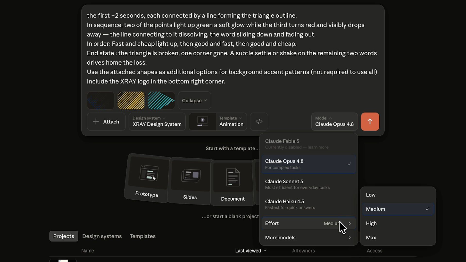 Claude Design model picker showing Fable 5, Opus 4.8, Sonnet 5, and Haiku 4.5, with an effort submenu set to Low, Medium, High, or Max. Three brand accent-pattern shapes are attached above.