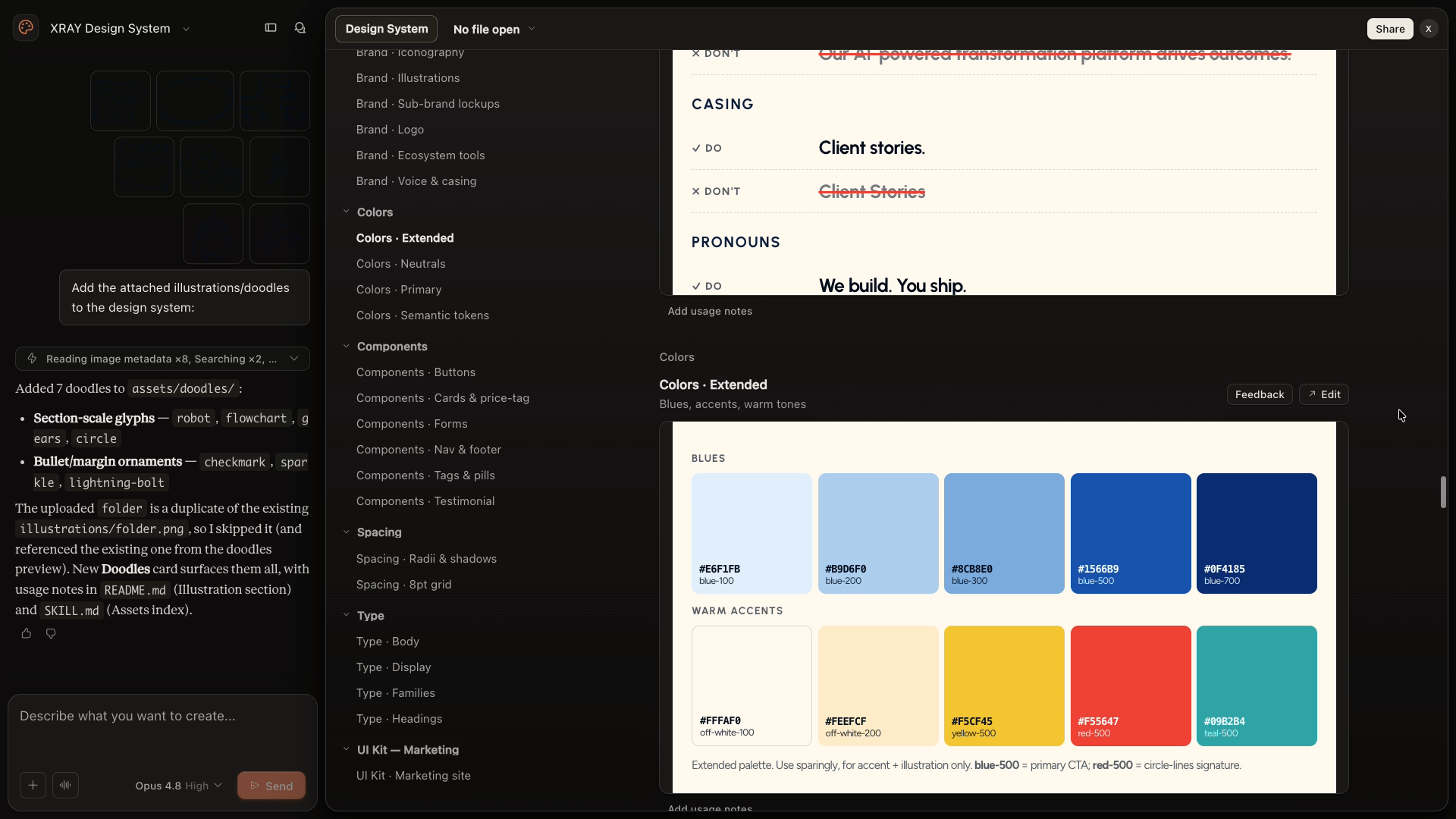 Claude Design system view showing an XRAY brand library with an extended color palette of blues and warm accents, plus voice-and-casing usage rules