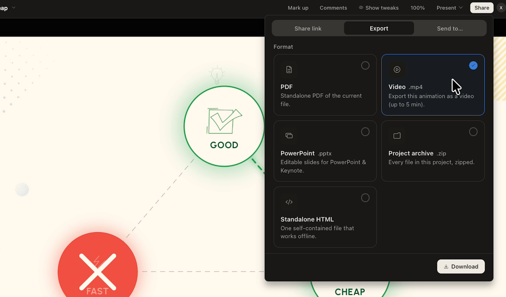 Claude Design Share menu open on the Export tab, showing format options: PDF, Video (.mp4), PowerPoint, Project archive, and Standalone HTML, with Video selected.