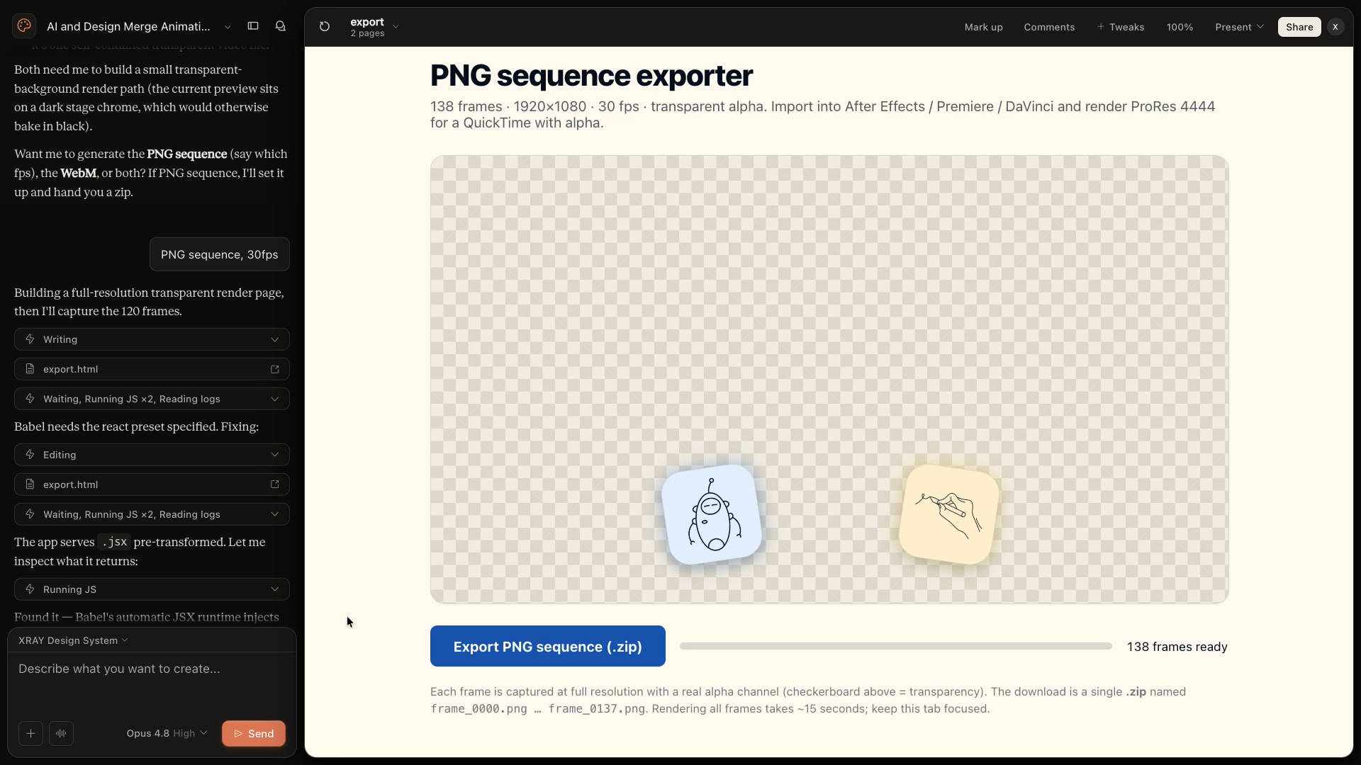 Custom PNG sequence exporter built by Claude, showing a transparent checkerboard preview and an 'Export PNG sequence (.zip)' button with 138 frames ready