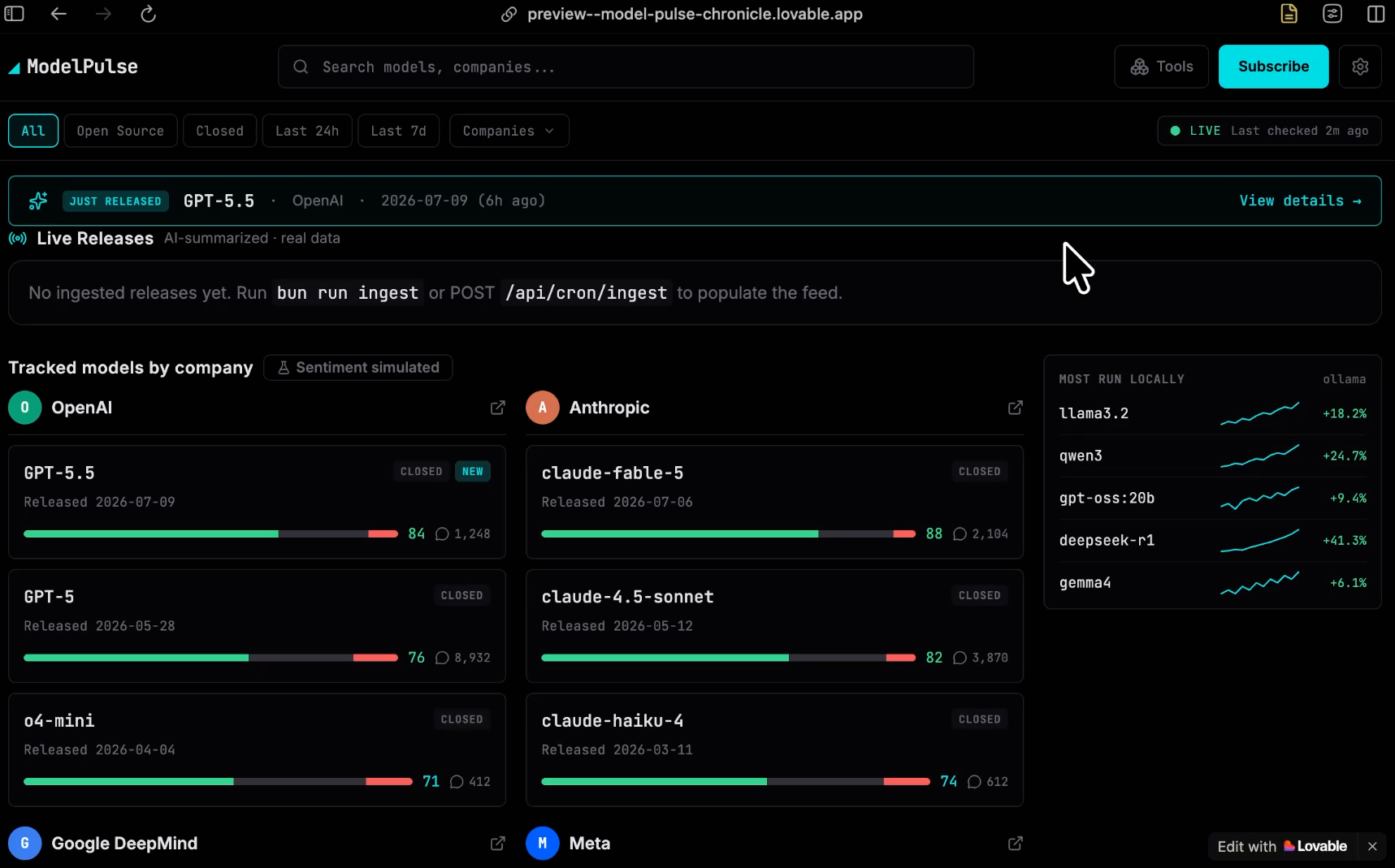 An app for tracking AI model releases built with Claude Code and Lovable, synced via GitHub