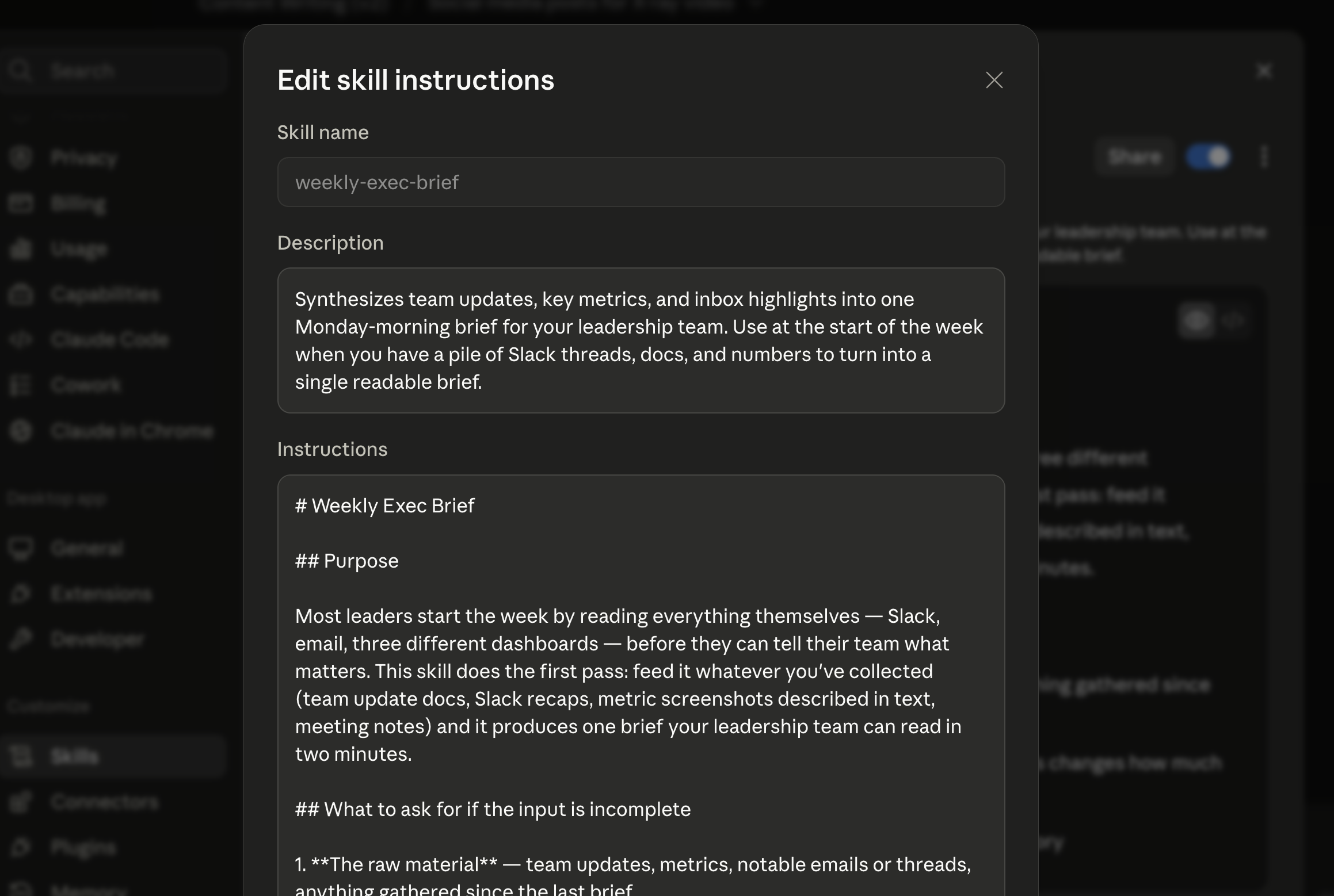 Skill instructions and description