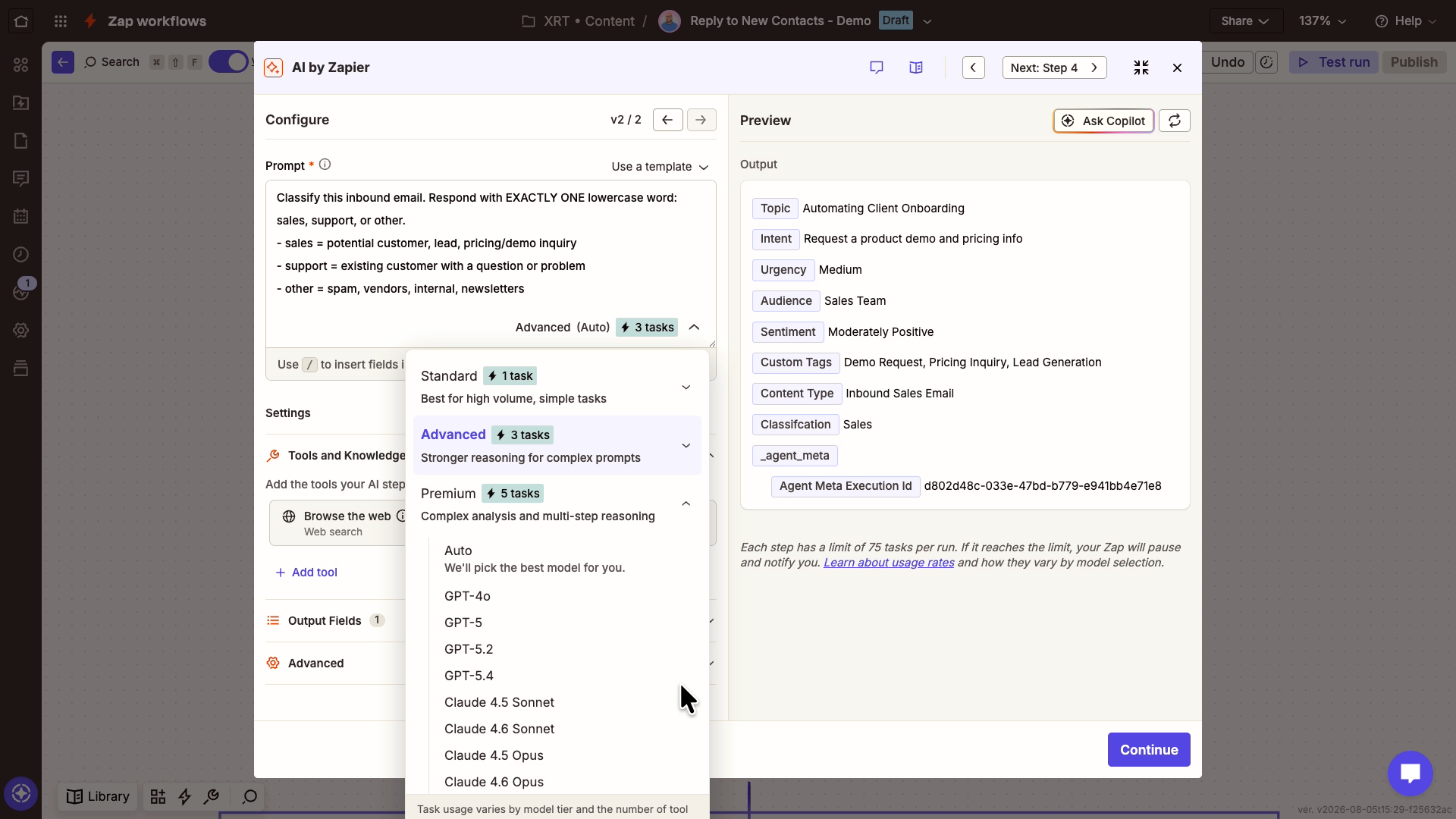 A prompt in AI by Zapier for email classification