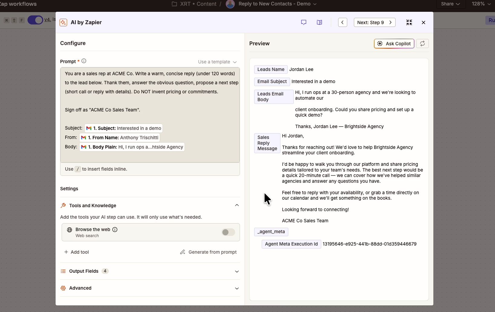 Using AI by Zapier to draft an email reply