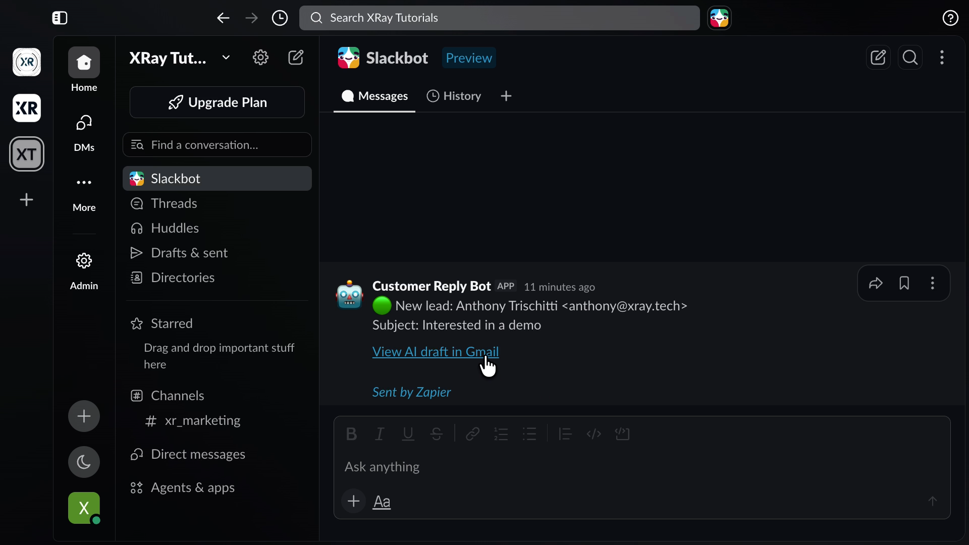 An automated Slack alert sent by Zapier