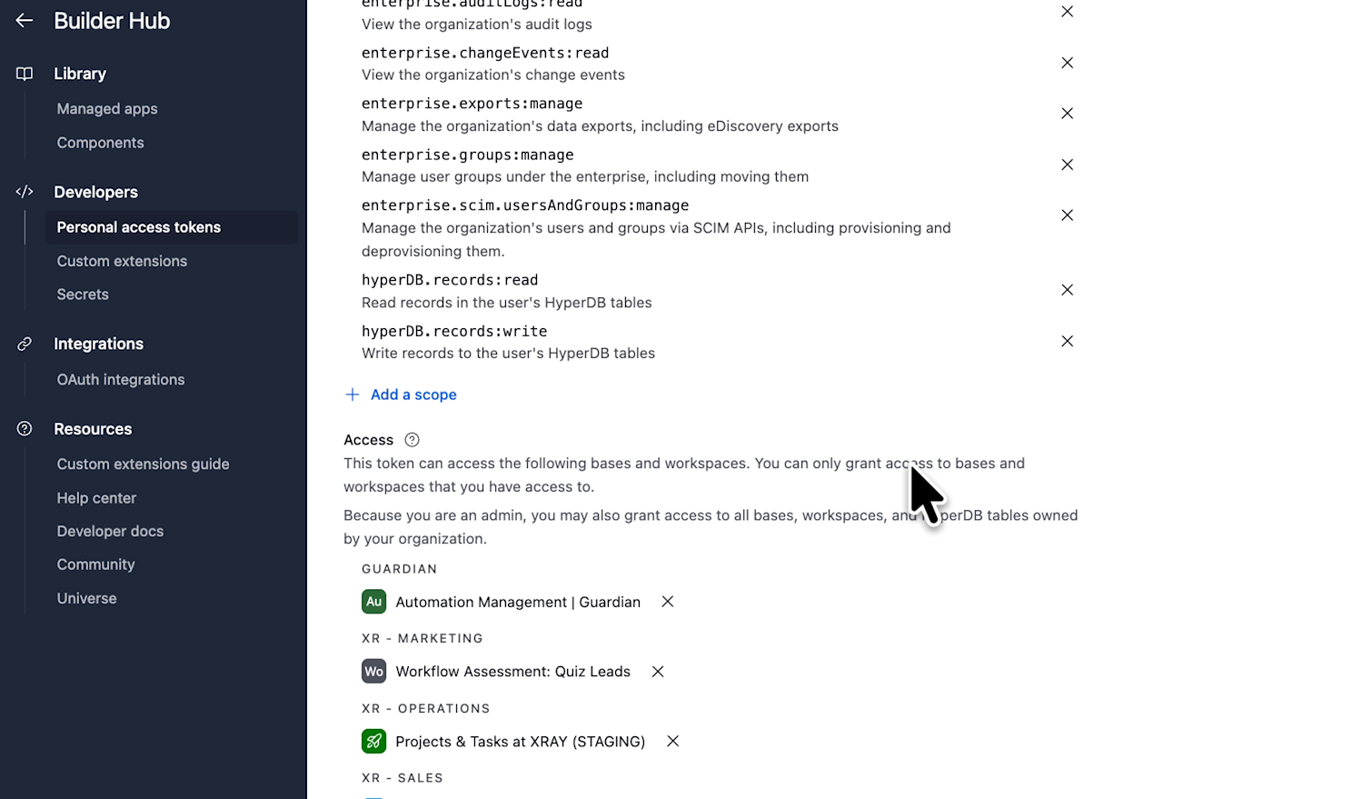 Example PAT permissions in Airtable
