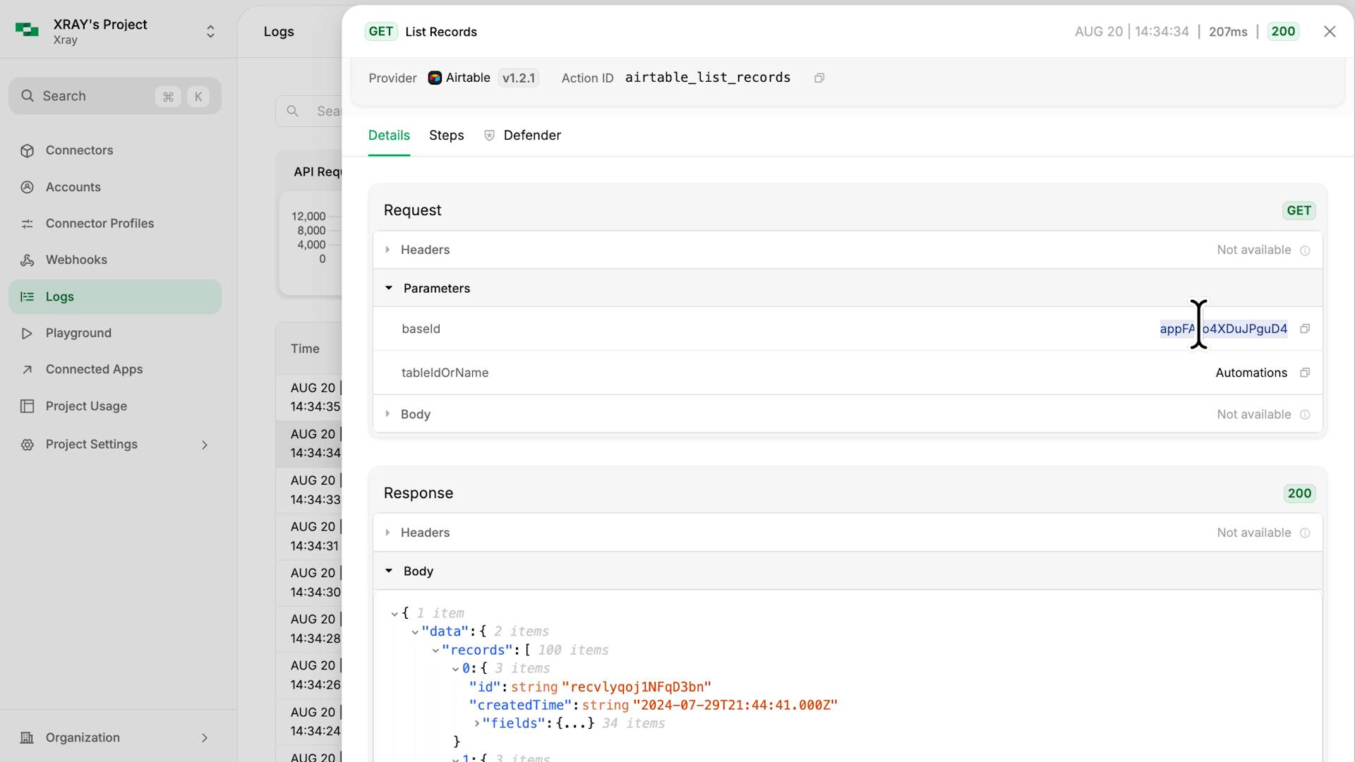 Details of a logged call in StackOne