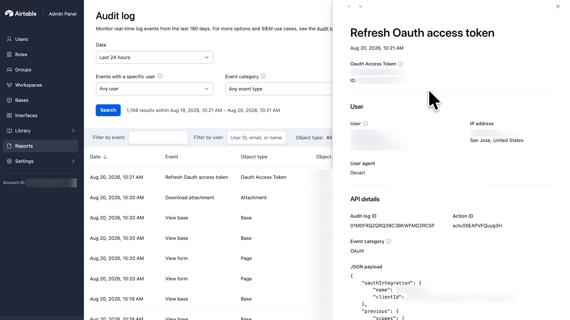 Example Airtable audit log