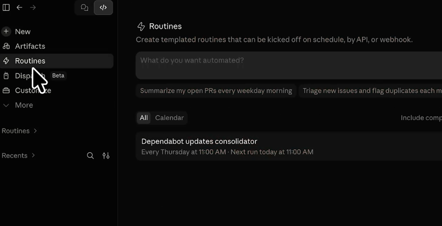 Find "routines" in the Claude code sidebar