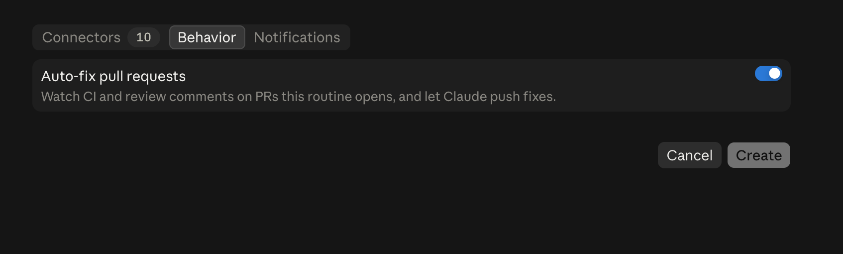 The "behavior" tab contains an option for auto-fixing PRs in Github