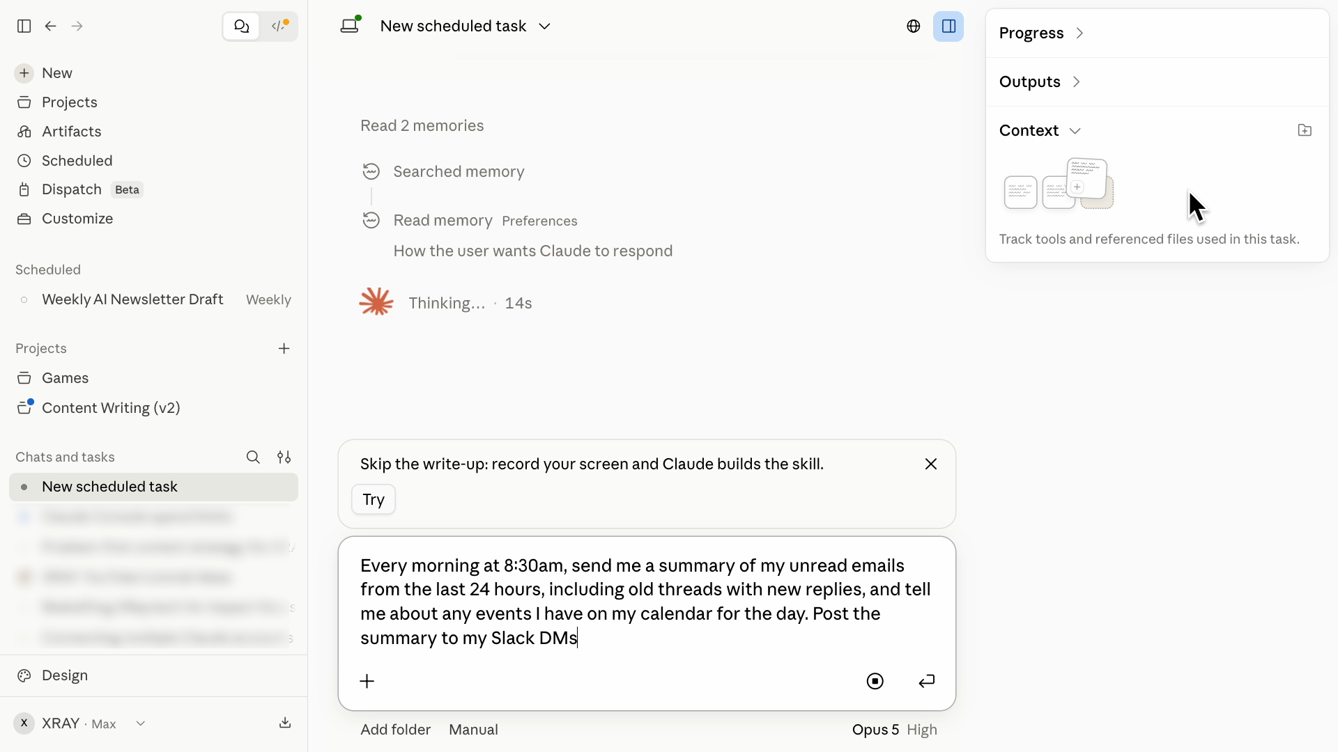 Claude creating a new scheduled task