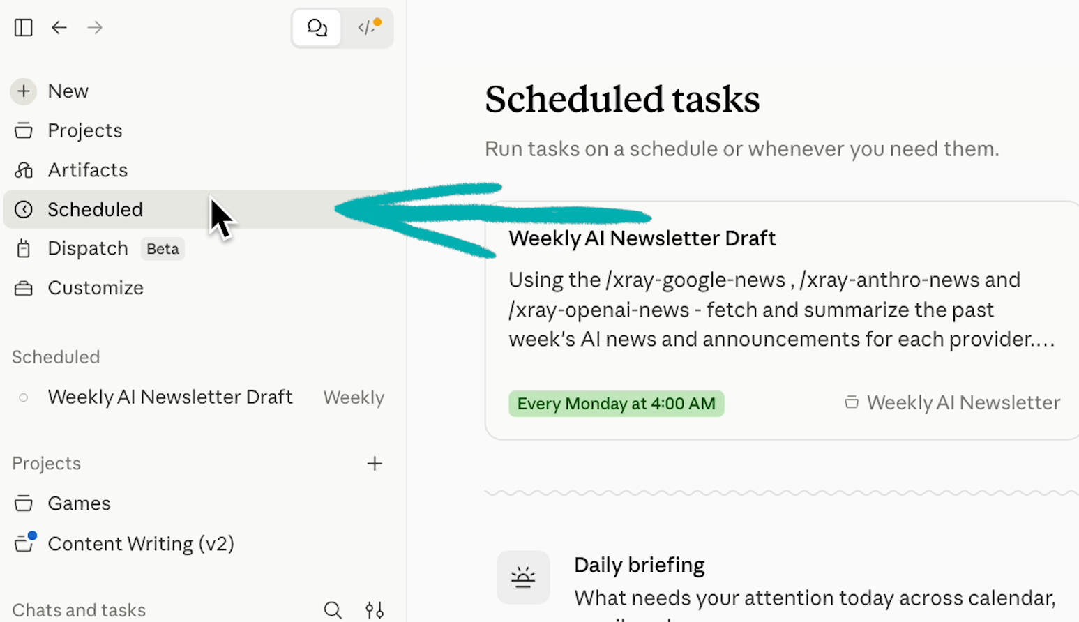 Selecting "Scheduled" in Claude to access scheduled tasks