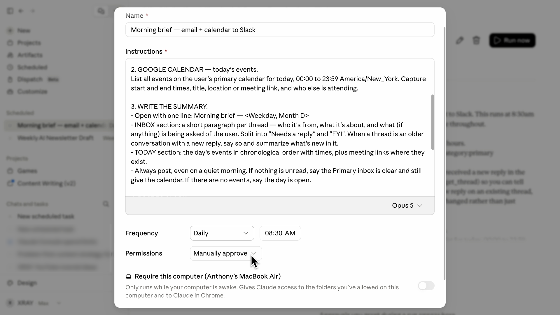 Scheduled task configuration: Title, instructions, frequency, permissions, and a local computer toggle