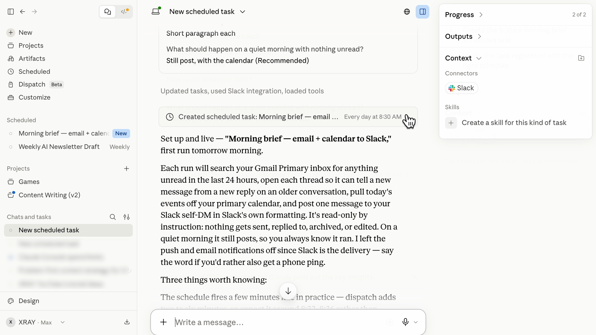 Accessing a new task from within the Claude chat