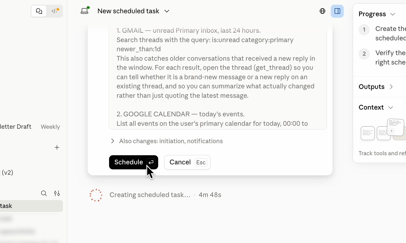 Clicking "Schedule" to create a new scheduled task