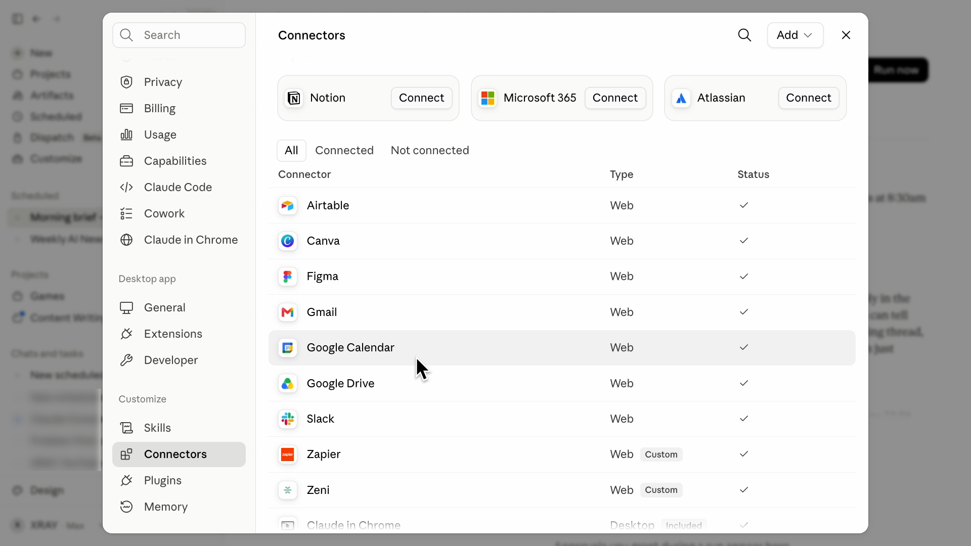 Configure connected tools in the "Customize" menu