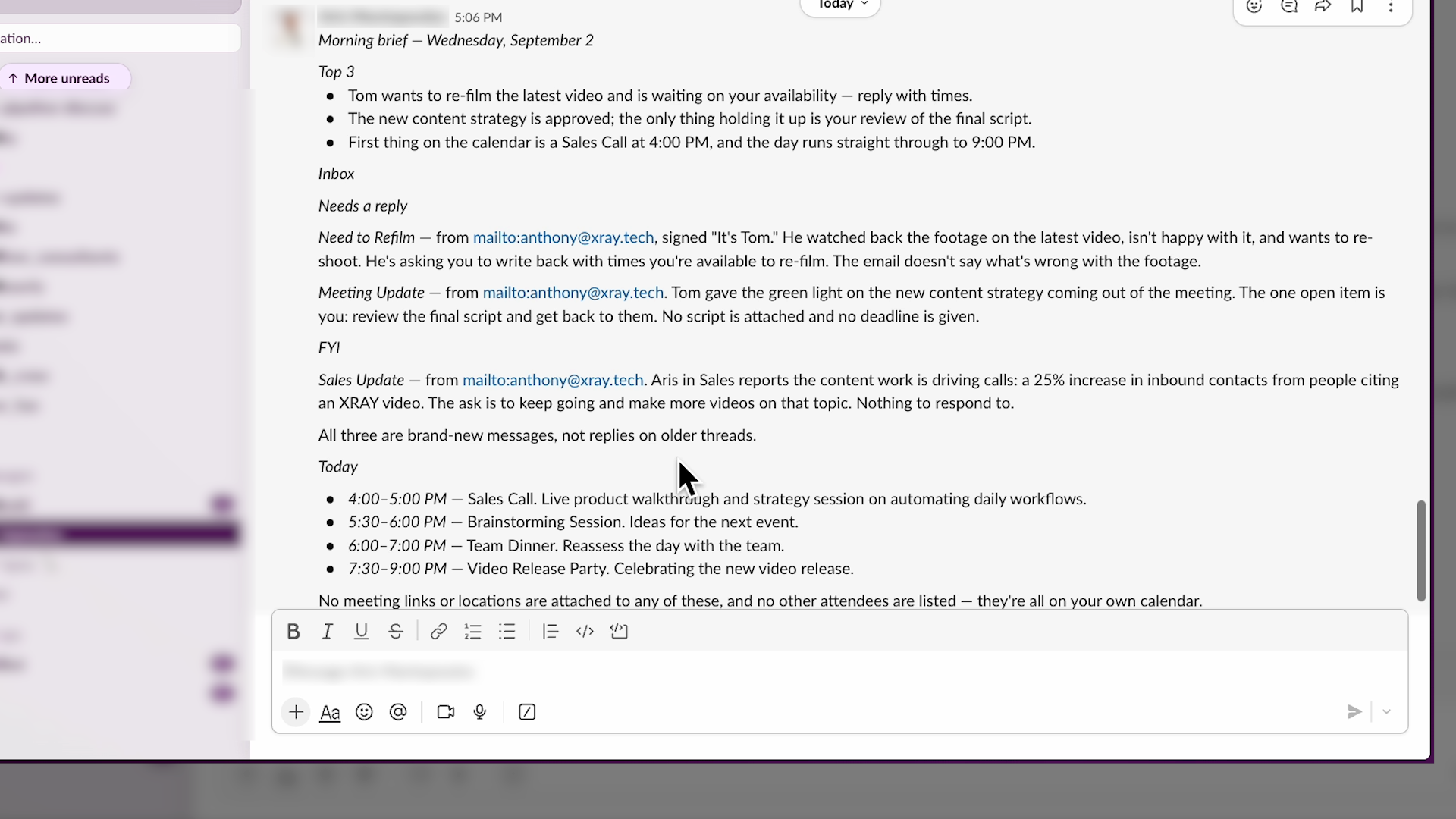 The Slack message created by the scheduled task