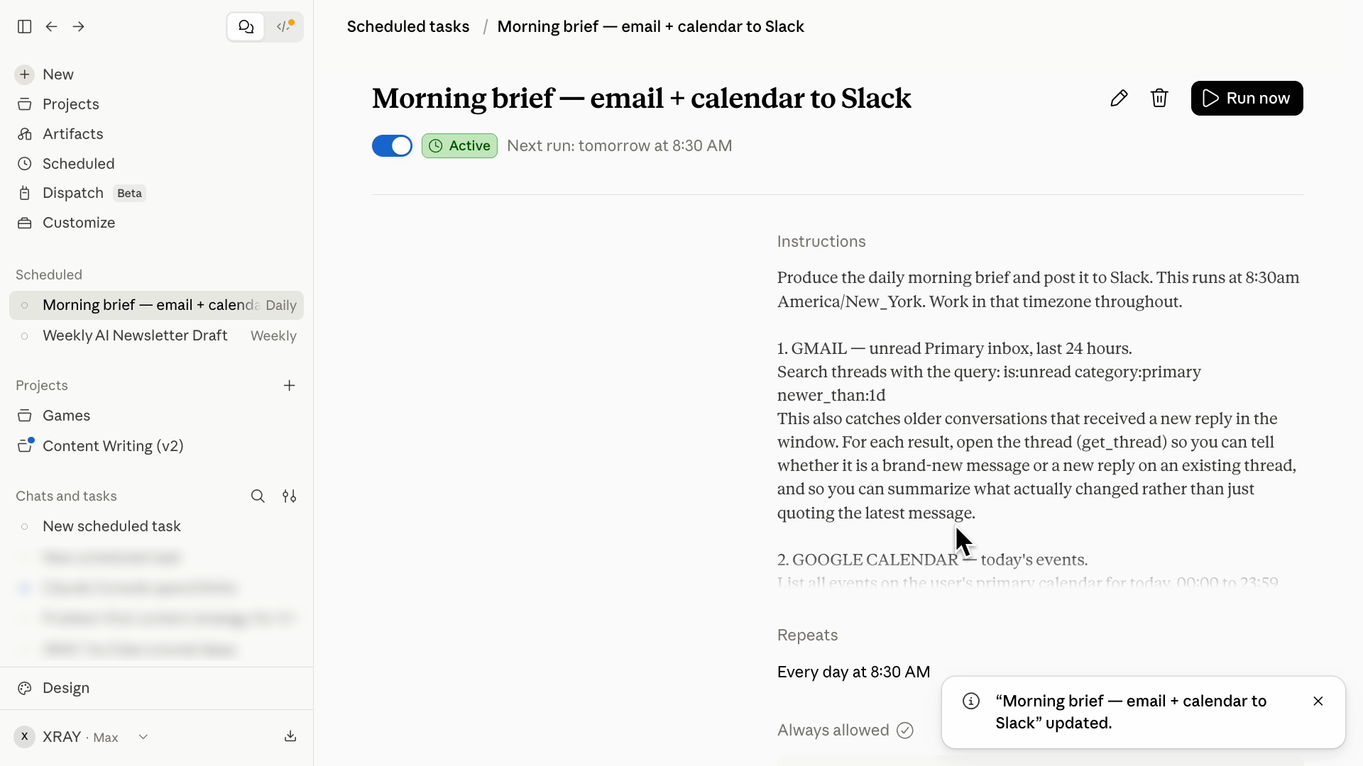 Reviewing a scheduled task to test it