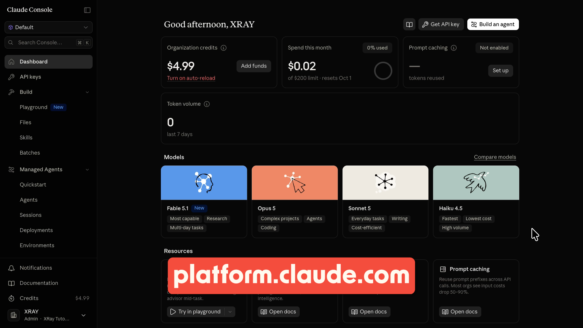The dashboard in Claude console