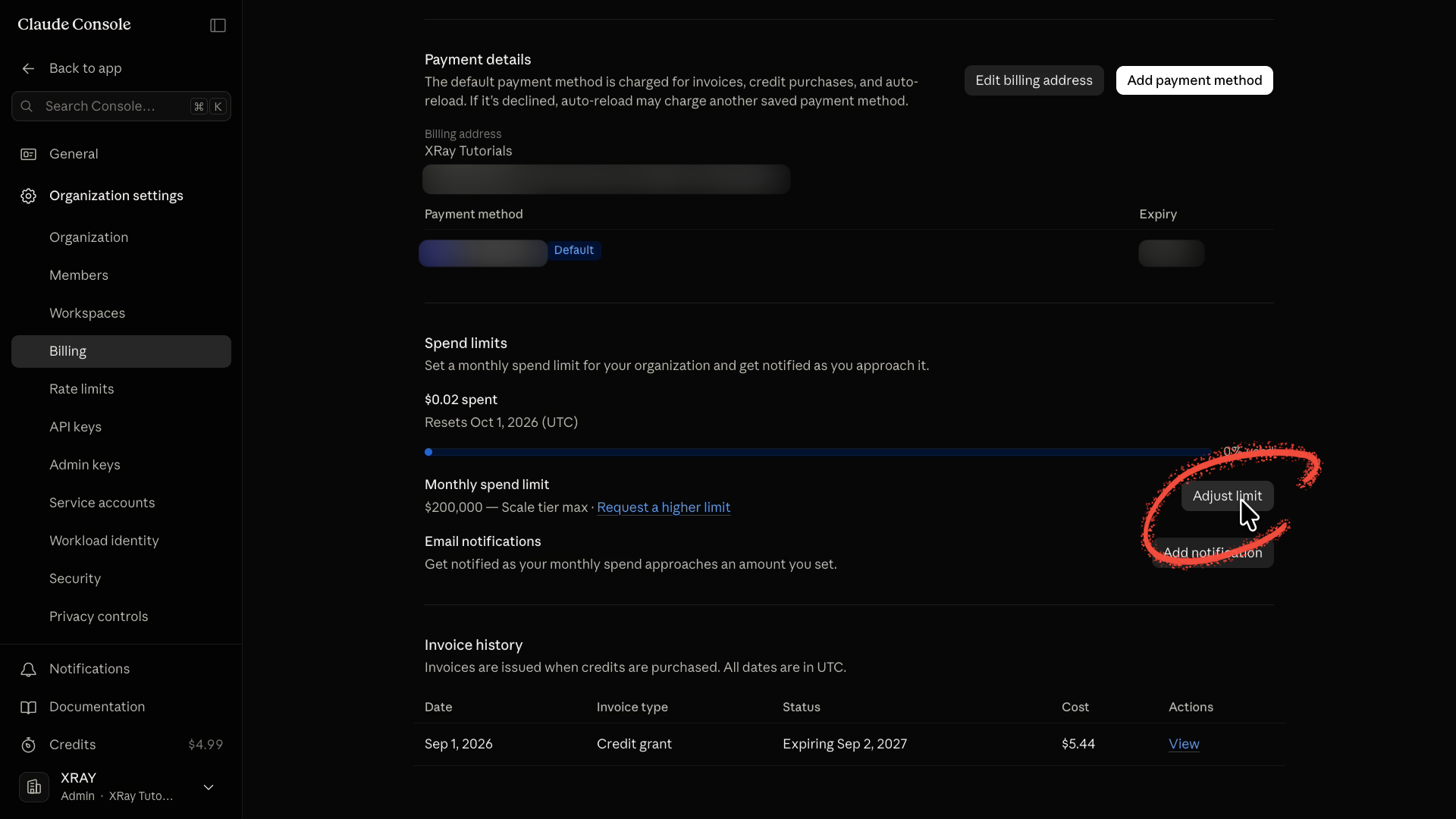 Clicking "Adjust limit" to set an organization limit