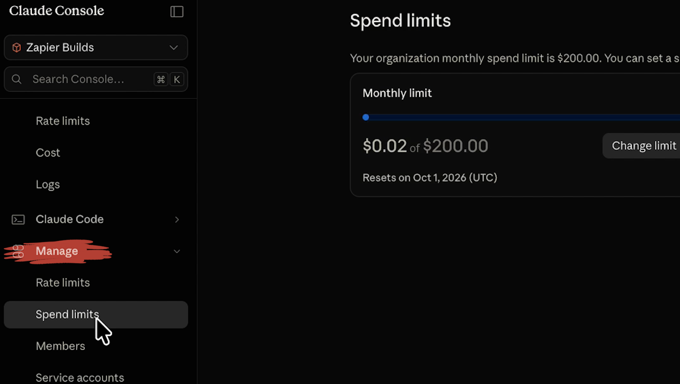 Navigating to Spend Limits for a workspace