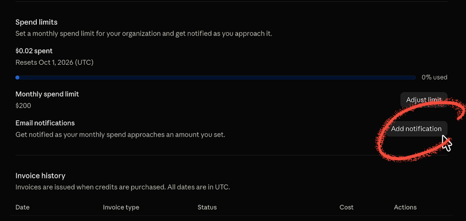 Click "Add notification" to configure notifications when spending reaches a certain threshold