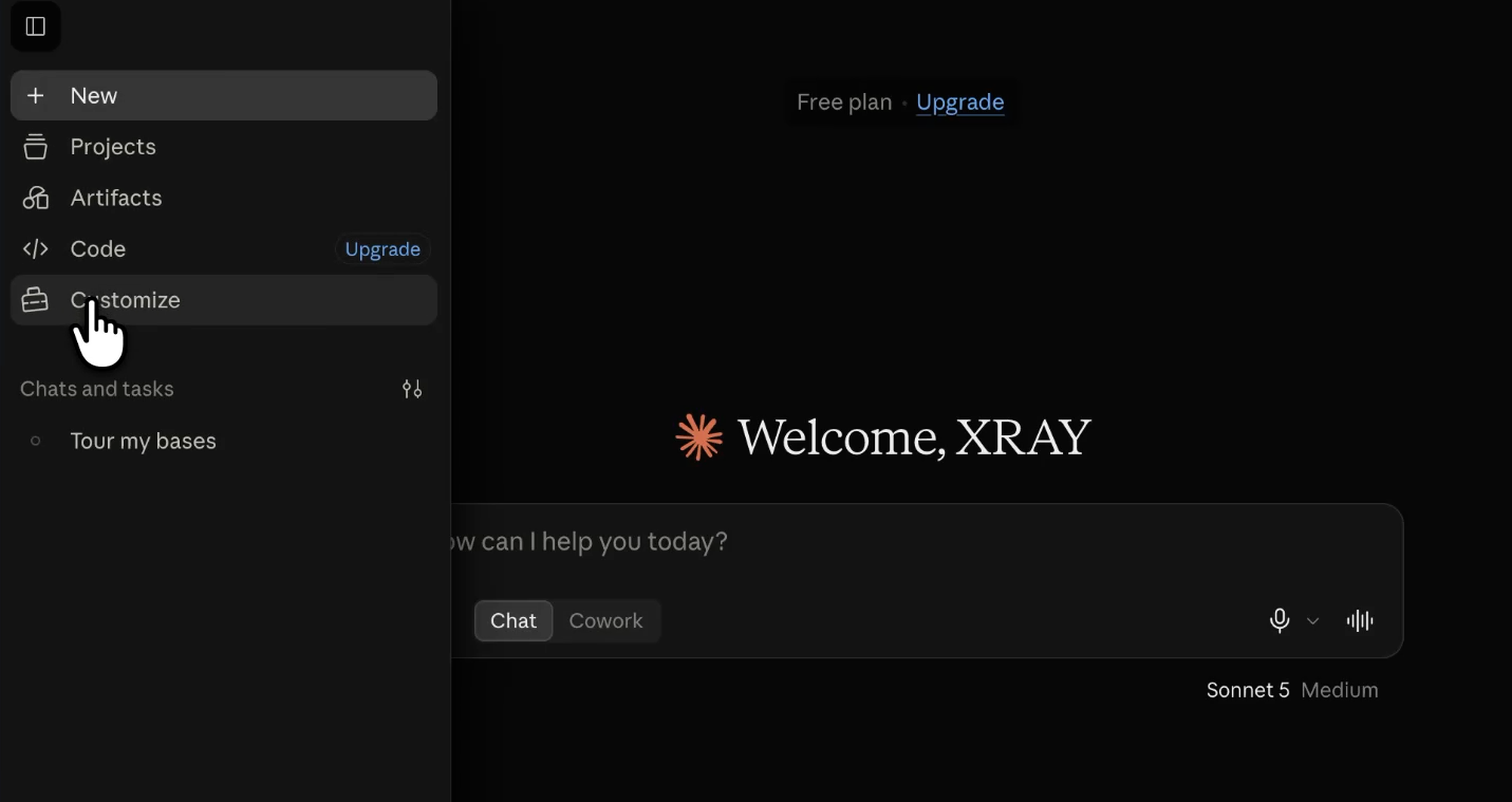 Accessing the 'Customize' menu in Claude