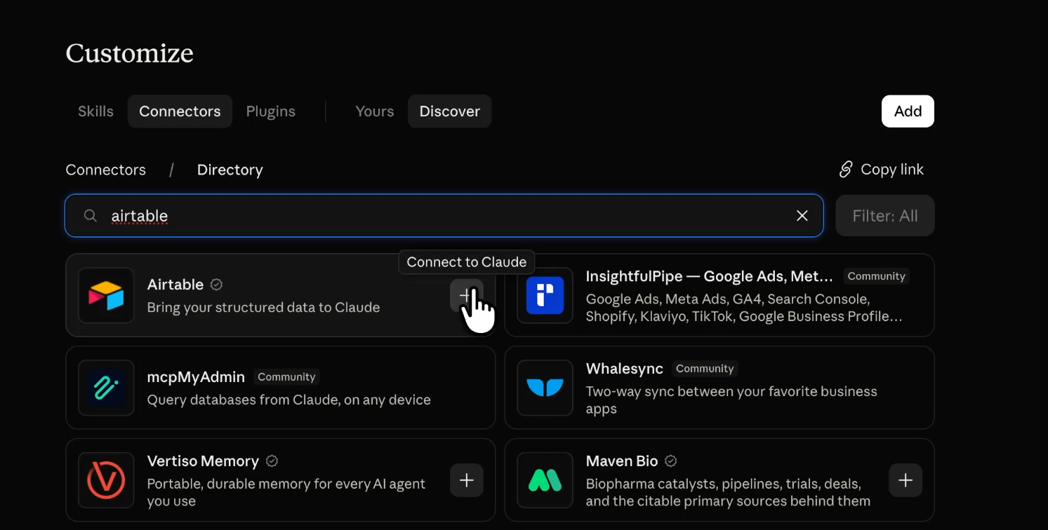 Adding the Airtable connector to Claude