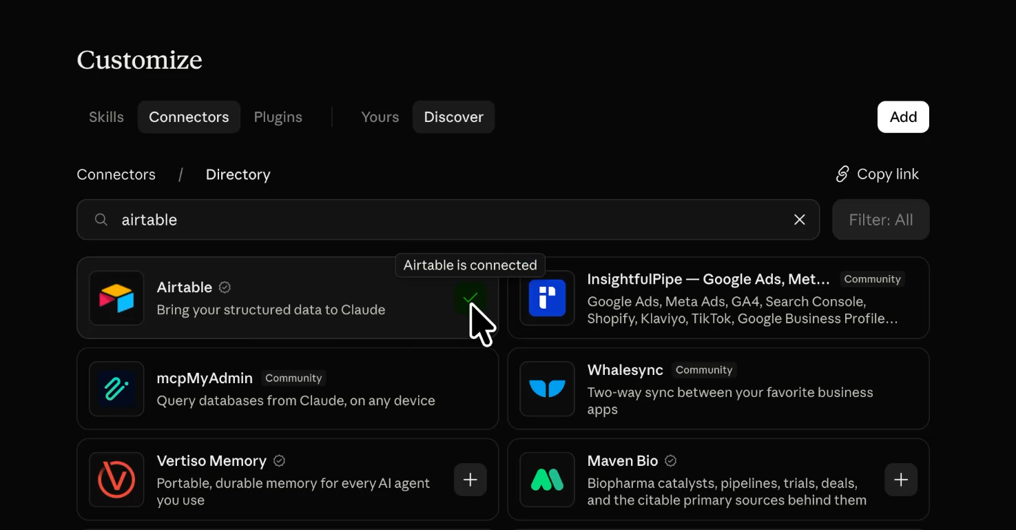 The Airtable connector successfully added to Claude