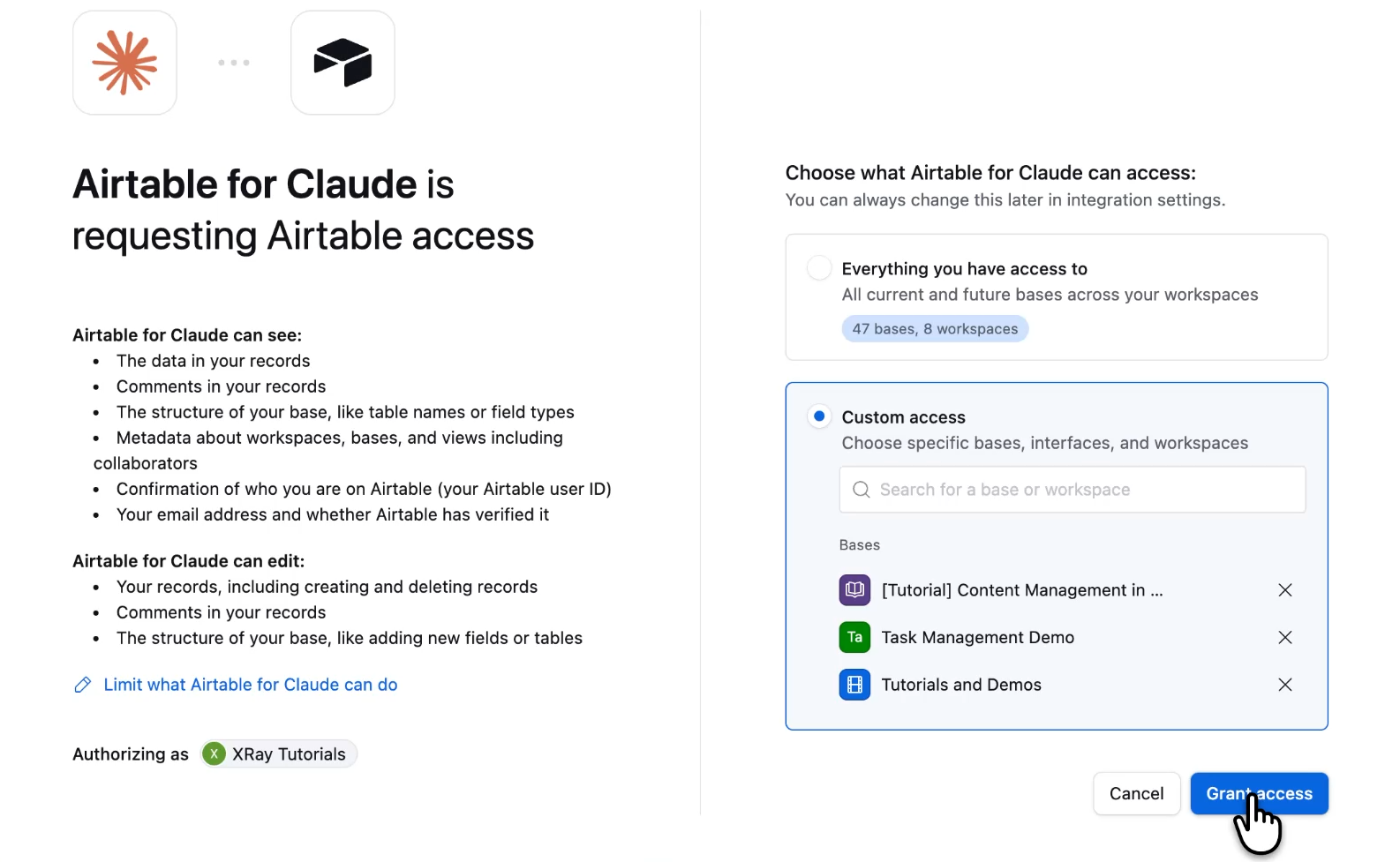 Use custom access to limit which bases Claude can access in Airtable