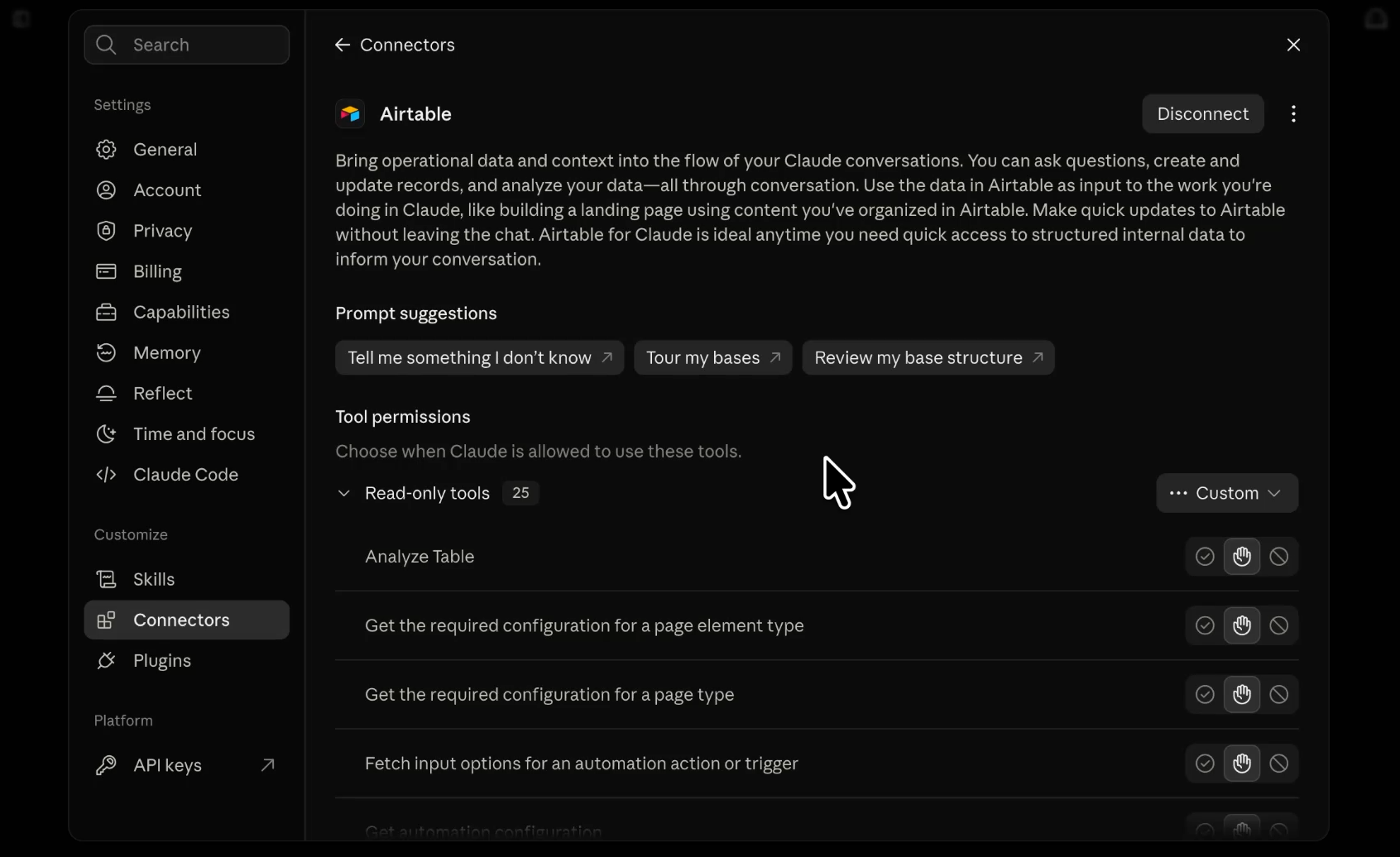 Reviewing Airtable's tools and permissions in Claude