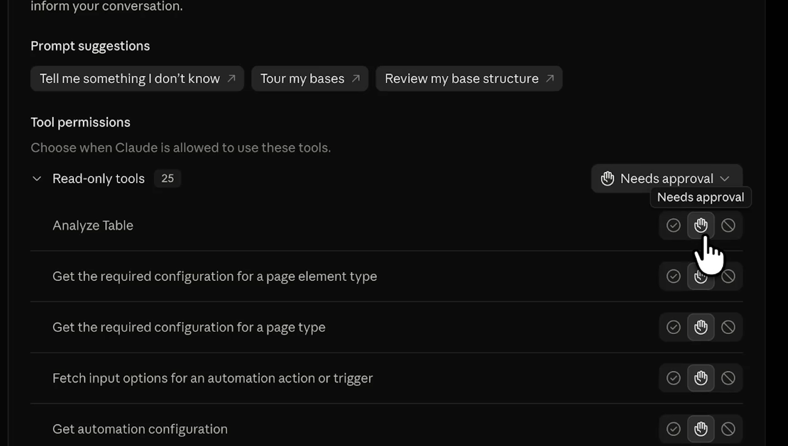 Each tool can be set to "Needs approval", "Always allow", or "Blocked"